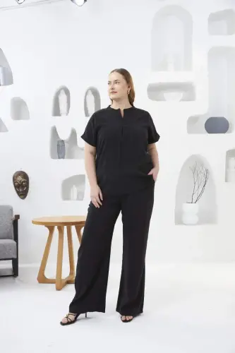 Elastic Waist Wide Leg Plus Size Pants Black - 5