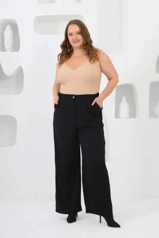 Elastic Waist Wide Leg Plus Size Pants Black - 6
