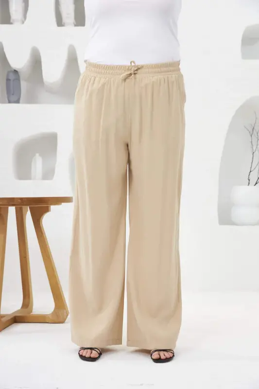 Elastic Waist Wide Leg Plus Size Pants Cream - 3