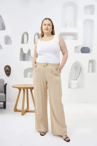 Elastic Waist Wide Leg Plus Size Pants Cream - 4