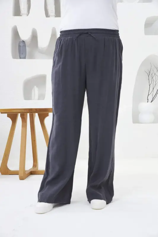 Elastic Waist Wide Leg Plus Size Pants Smoke Gray - BÜYÜKBEDENIZ
