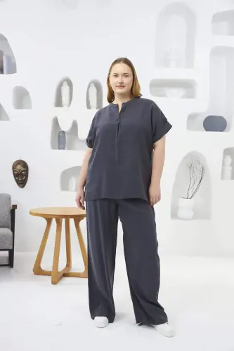 Elastic Waist Wide Leg Plus Size Pants Smoke Gray - 4