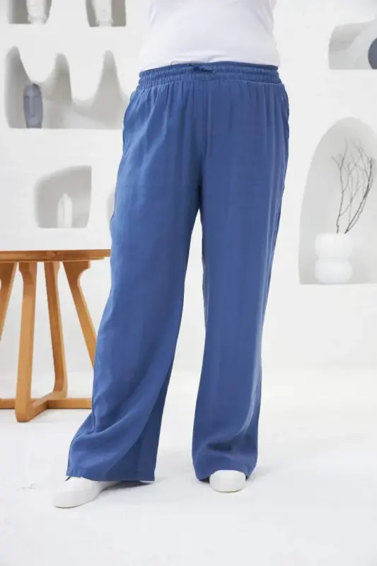Elastic Waist Wide Leg Plus Size Trousers Indigo - 1