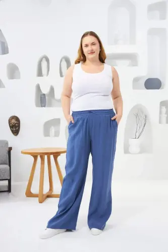 Elastic Waist Wide Leg Plus Size Trousers Indigo - 4