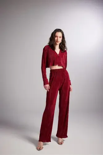 Elastic Waistband Flexible Comfy Pants Burgundy-Burgundy - 7
