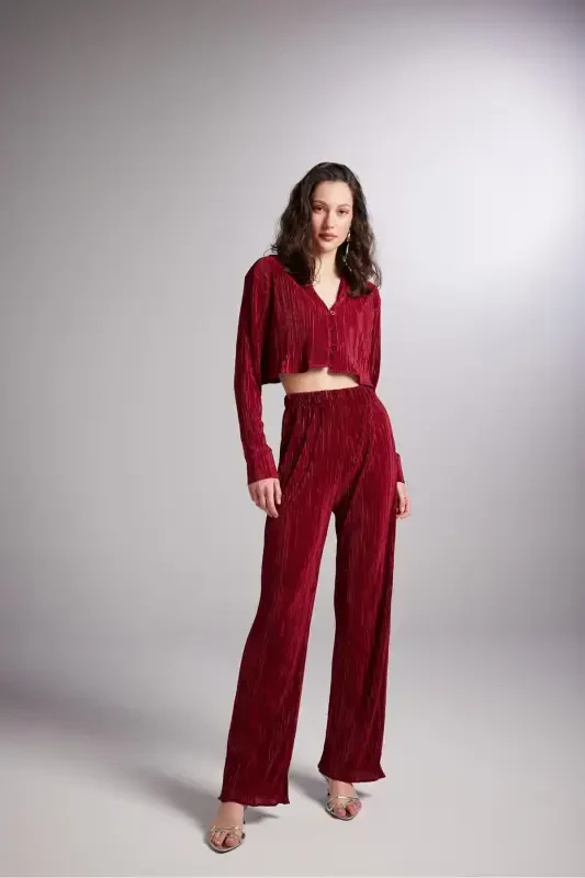 Elastic Waistband Flexible Comfy Pants Burgundy-Burgundy - 7