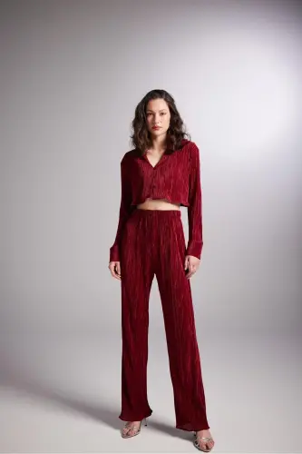 Elastic Waistband Flexible Comfy Pants Burgundy-Burgundy 