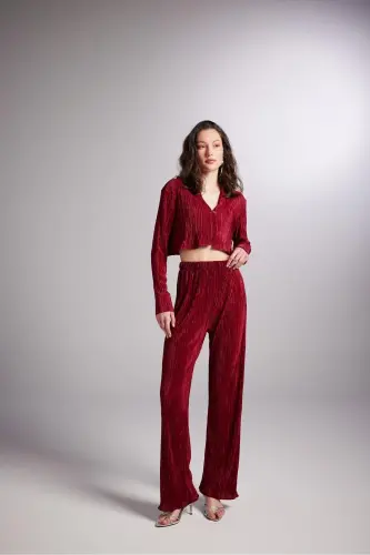 Elastic Waistband Flexible Comfy Pants Burgundy-Burgundy - HOLLY LOLLY (1)