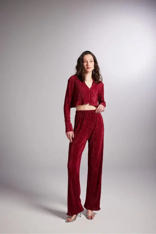 Elastic Waistband Flexible Comfy Pants Burgundy-Burgundy - 2