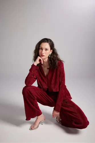 Elastic Waistband Flexible Comfy Pants Burgundy-Burgundy - 3