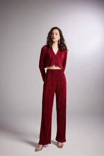 Elastic Waistband Flexible Comfy Pants Burgundy-Burgundy - 4