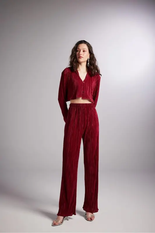 Elastic Waistband Flexible Comfy Pants Burgundy-Burgundy - 4