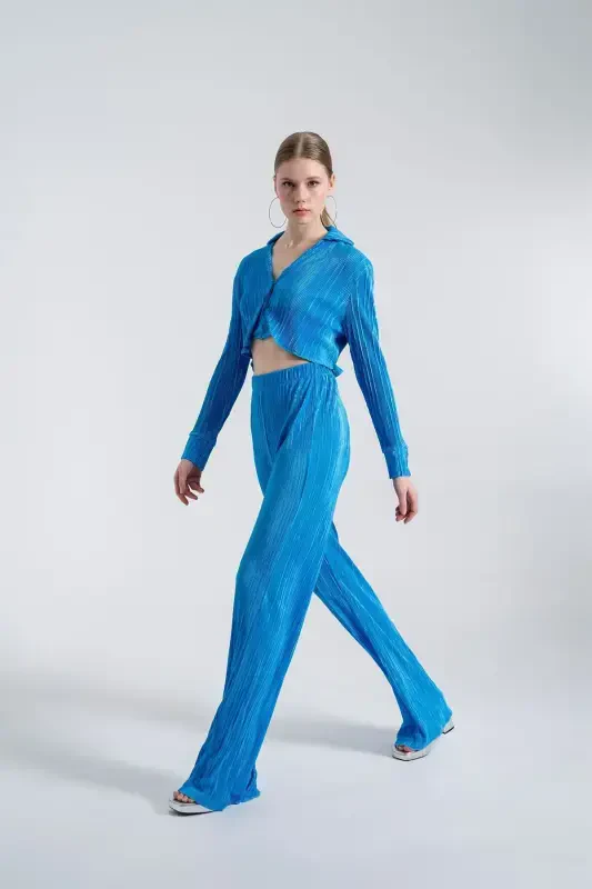 Elastic Waistband Flexible Comfy Trousers Blue-Blue - 2