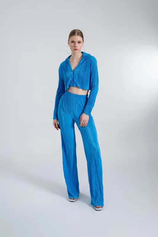 Elastic Waistband Flexible Comfy Trousers Blue-Blue - 13