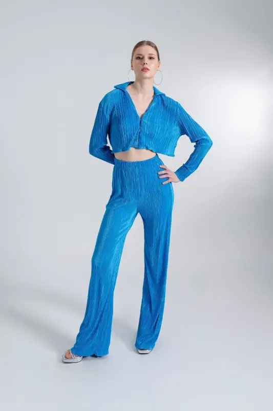 Elastic Waistband Flexible Comfy Trousers Blue-Blue - 3