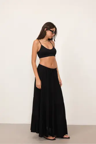 Elastic Waistband Lined Long Skirt E16250-E10-Black 