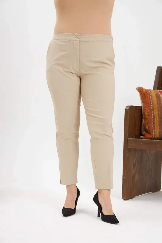 Elastic Waistband, Mini Slit Hem, Plus Size Cream Fabric Pants - BÜYÜKBEDENIZ
