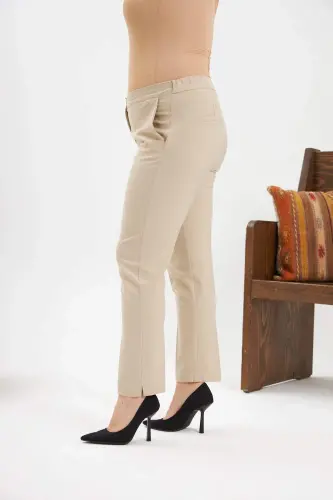 Elastic Waistband, Mini Slit Hem, Plus Size Cream Fabric Pants - BÜYÜKBEDENIZ (1)