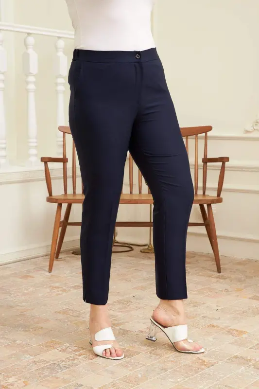 Elastic Waistband Slit Detail Plus Size Navy Blue Fabric Pants - 2