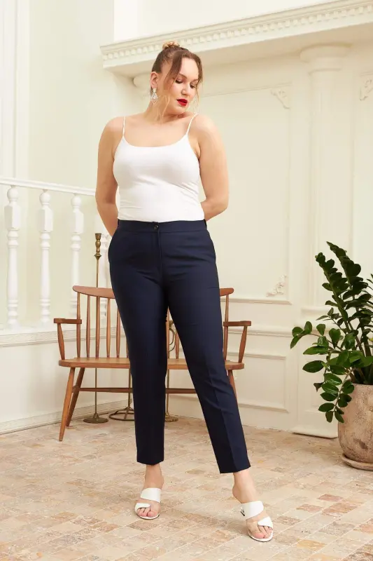 Elastic Waistband Slit Detail Plus Size Navy Blue Fabric Pants - 5