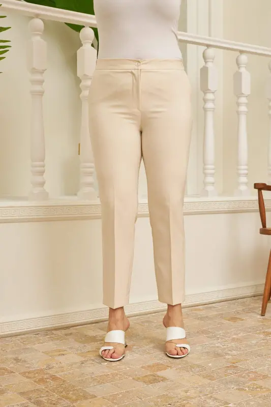 Elastic Waistband Slit Detailed Plus Size Cream Fabric Pants - BÜYÜKBEDENIZ