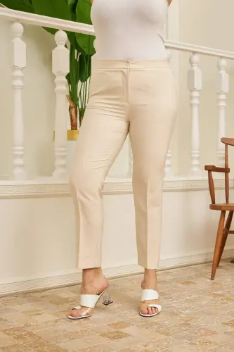 Elastic Waistband Slit Detailed Plus Size Cream Fabric Pants - 3