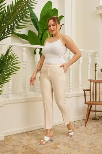 Elastic Waistband Slit Detailed Plus Size Cream Fabric Pants - 5