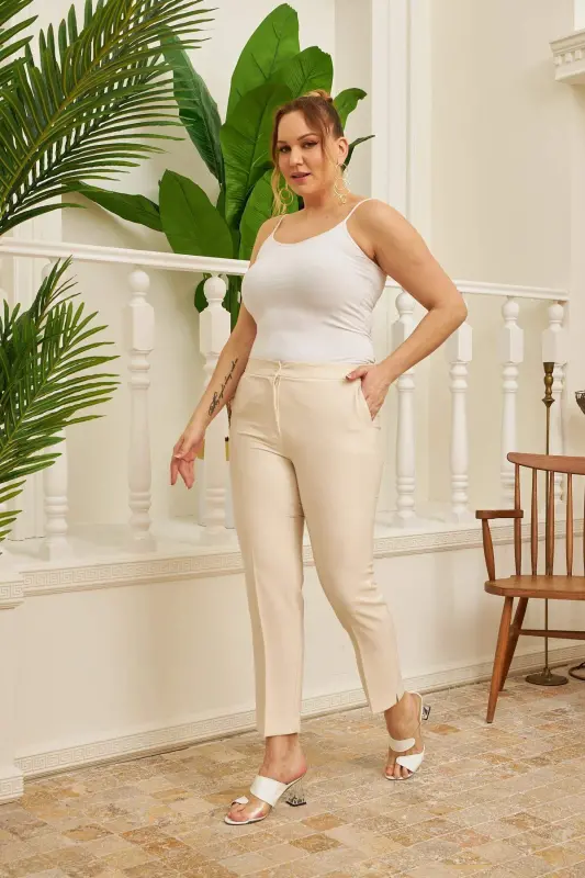 Elastic Waistband Slit Detailed Plus Size Cream Fabric Pants - 5