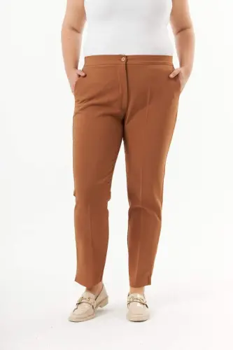 Elastic Waistband Slit Detailed Plus Size Fabric Trousers Camel - 1