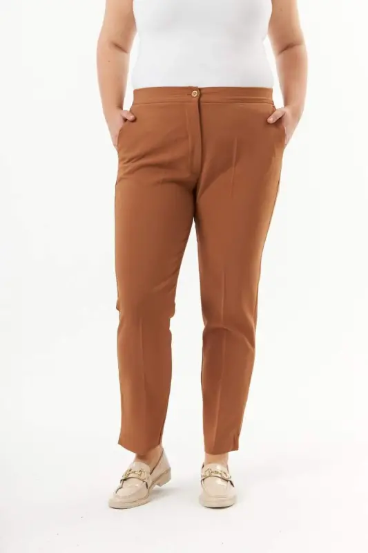 Elastic Waistband Slit Detailed Plus Size Fabric Trousers Camel - 1