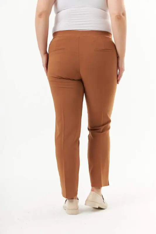 Elastic Waistband Slit Detailed Plus Size Fabric Trousers Camel - 5