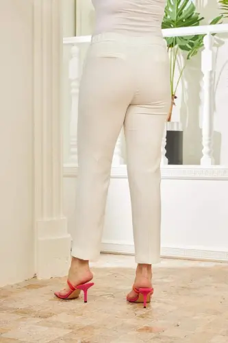 Elastic Waistband Slit Detailed Plus Size White Fabric Pants - 4