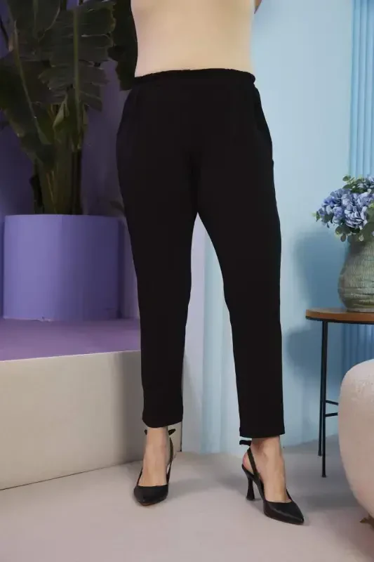 Elastic Waistband, Straight Leg, Plus Size Black Trousers - BÜYÜKBEDENIZ
