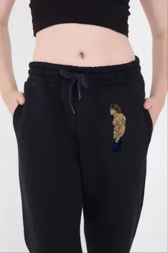 Elasticated Three Thread Printed Sweatpants - Navy Blue - 1