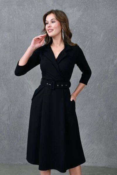 Эластичная Ткань Пиджак Воротник Карманы Черное Вечернее Платье Ке - LOVEBOX