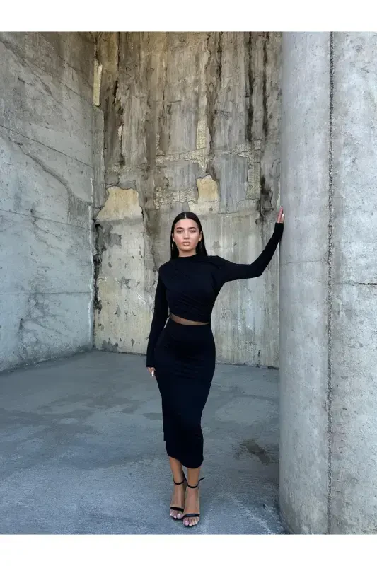 Эластичная ткань Сэнди, тюль, детали декольте, высокий воротник, длинный - SHEYMA