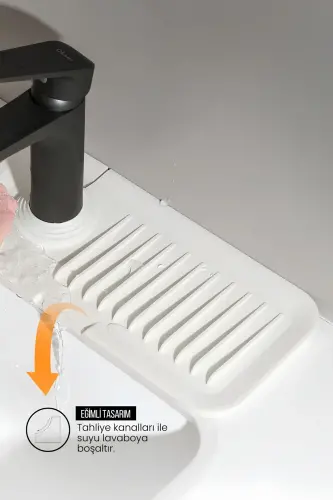 Elastik Musluk Matı Su Tutucu Düzenleyici Kaydırmaz Taban Organizer Mutfak Banyo Lavabo-Beyaz - 2