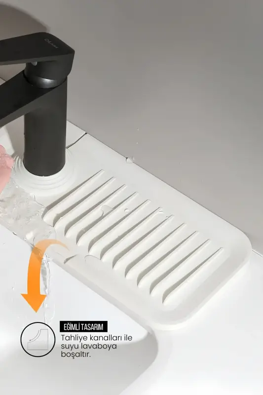 Elastik Musluk Matı Su Tutucu Düzenleyici Kaydırmaz Taban Organizer Mutfak Banyo Lavabo-Beyaz - 2