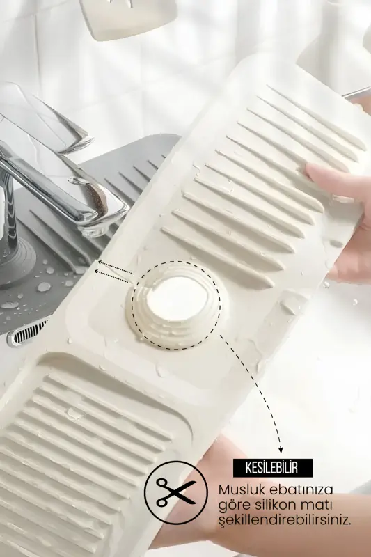 Elastik Musluk Matı Su Tutucu Düzenleyici Kaydırmaz Taban Organizer Mutfak Banyo Lavabo-Beyaz - 3