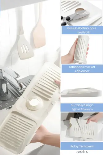 Elastik Musluk Matı Su Tutucu Düzenleyici Kaydırmaz Taban Organizer Mutfak Banyo Lavabo-Beyaz - 5