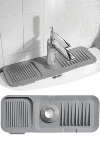 Elastik Musluk Matı Su Tutucu Düzenleyici Kaydırmaz Taban Organizer Mutfak Banyo Lavabo - Gri - 5