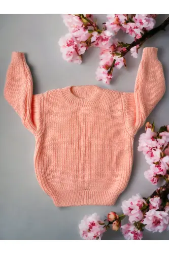 Elastik Trikotaj Sviter Dumaloq Yoqa Oversize Unisex Chaqaloq Bolalar 1-5 Yosh - Shaftoli Pushti 