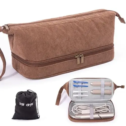 ELCUPA Hair Tools Travel Case - Double-Layer Organizer for Hair Dryer, Curling Iron & AttacModazoneents - Brown Corduroy with Zipper Closure & Top Handle - ELCUPA
