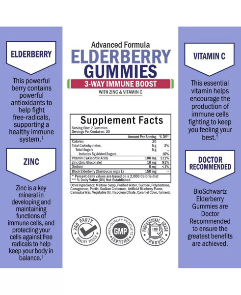 Elderberry Gummies with Zinc and Vitamin C for Adults & Kids | Natural Immune Support | Black Sambucus Elderberries, Powerful Multiminerals Supplement | Gluten-Free, Non-GMO | 60 Gummies Purple - 4