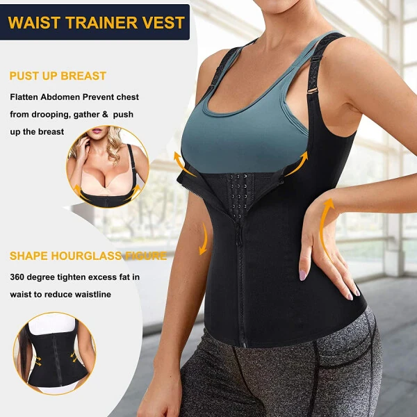 Eleady Women Waist Trainer Corset Tummy Control Underbust Body Shaper Zipper Vest Waist Cincher Tank Top(Black Large)- - ELEADY (1)