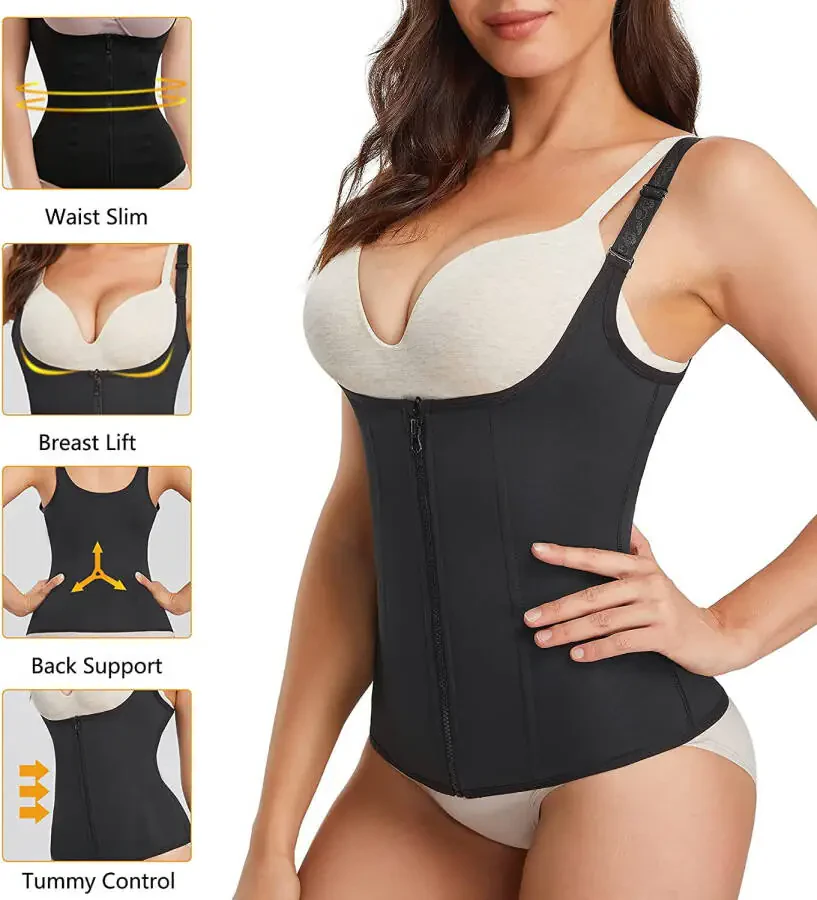 Eleady Women Waist Trainer Corset Tummy Control Underbust Body Shaper Zipper Vest Waist Cincher Tank Top (Black, Large) - 3