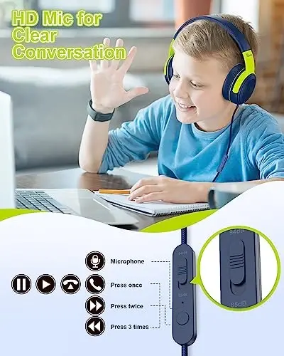 ELECDER bolalar uchun naushniklar, S8 simli naushniklar o'g'il bolalar va qizlar uchun mikrofon bilan, sozlanishi 85dB/94dB ovoz balandligi cheklangan, maktab/Kindle/smartfonlar/planshet/samolyotda sayohat qilish uchun 3,5 mm raz'em (to'q ko'k/yashil) - 3