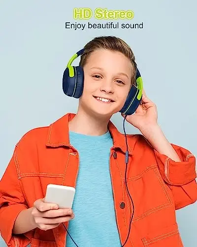 ELECDER bolalar uchun naushniklar, S8 simli naushniklar o'g'il bolalar va qizlar uchun mikrofon bilan, sozlanishi 85dB/94dB ovoz balandligi cheklangan, maktab/Kindle/smartfonlar/planshet/samolyotda sayohat qilish uchun 3,5 mm raz'em (to'q ko'k/yashil) - 6