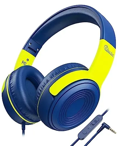 ELECDER Kids Headphones, S8 Wired Headphones for Kids with Microphone for Boys Girls, Adjustable 85dB/94dB Volume Limited, 3.5 mm Jack for School/Kindle/Smartphones/Tablet/Airplane Travel(Navy/Green) - 1
