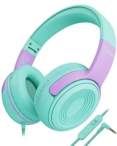 ELECDER Kids Headphones, S8 Wired Headphones for Kids with Microphone for Boys Girls, Adjustable 85dB/94dB Volume Limited, 3.5 mm Jack for/Kindle/Smartphones/Tablet/Airplane Travel(Green/Purple) - ELECDER